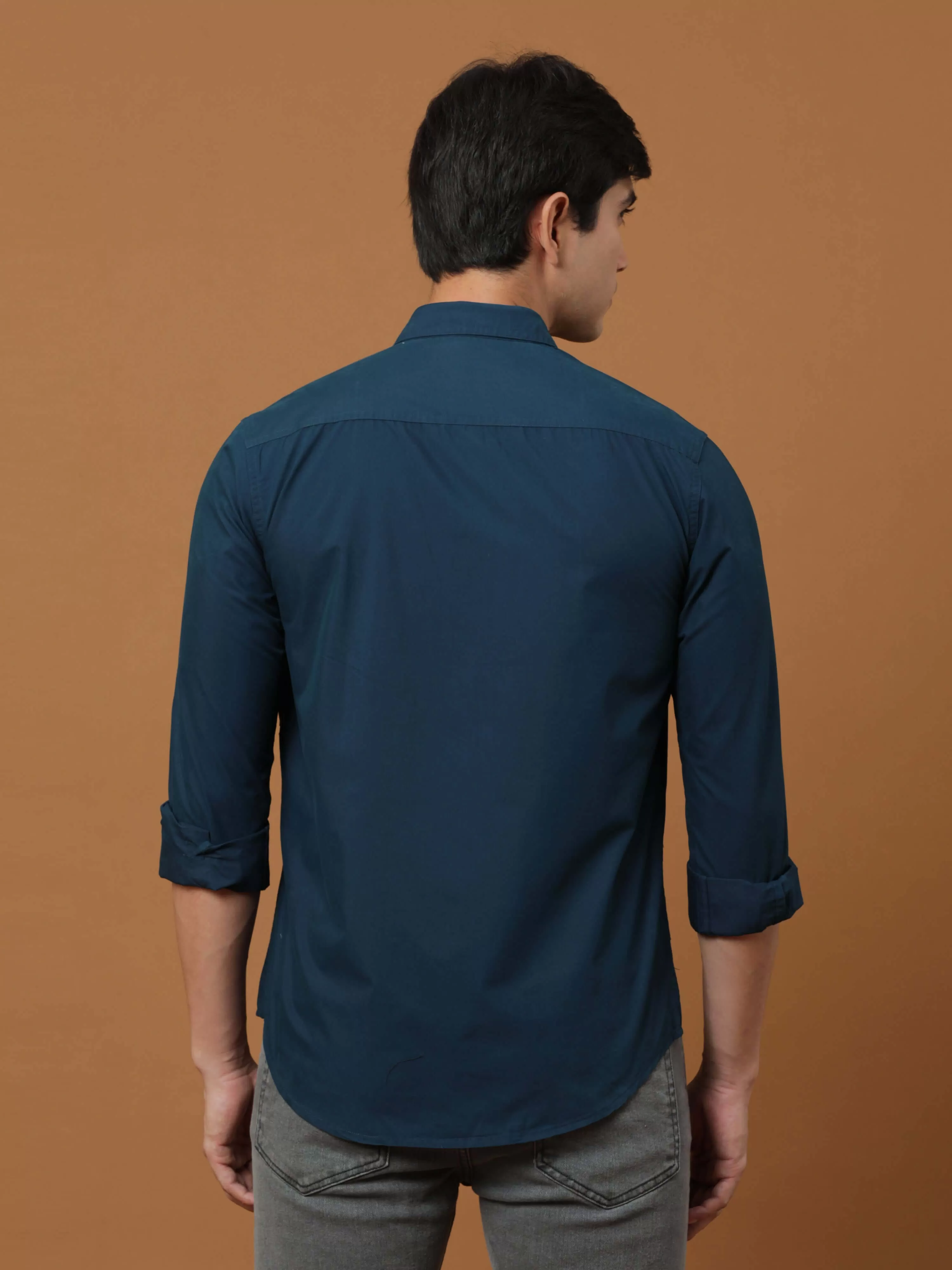 Teal Blue Contrast Patch Cargo Shirt