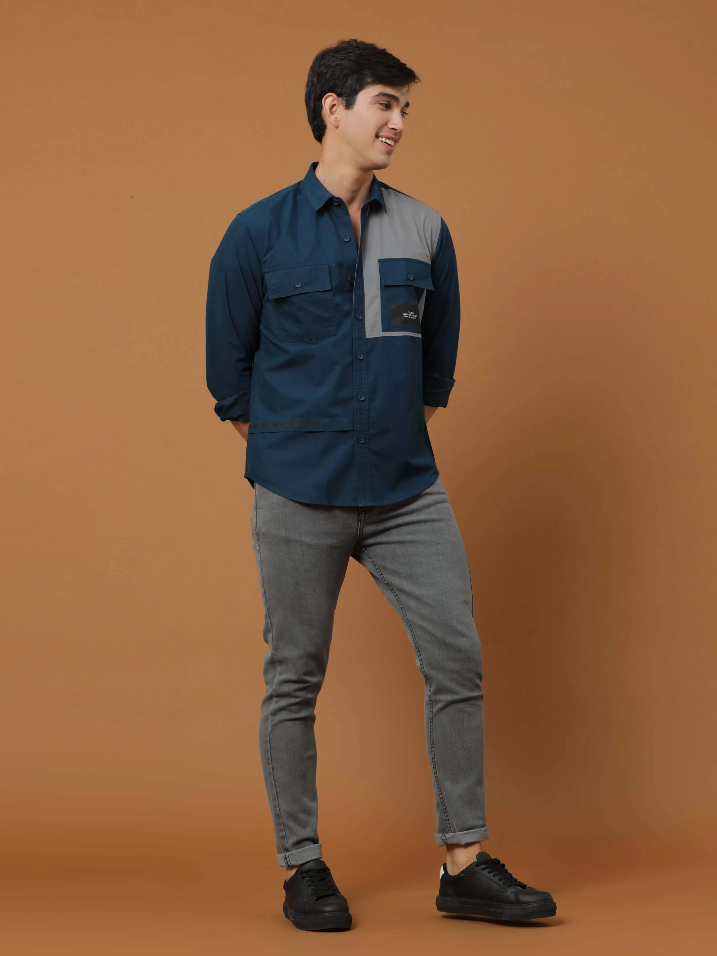 Teal Blue Contrast Patch Cargo Shirt