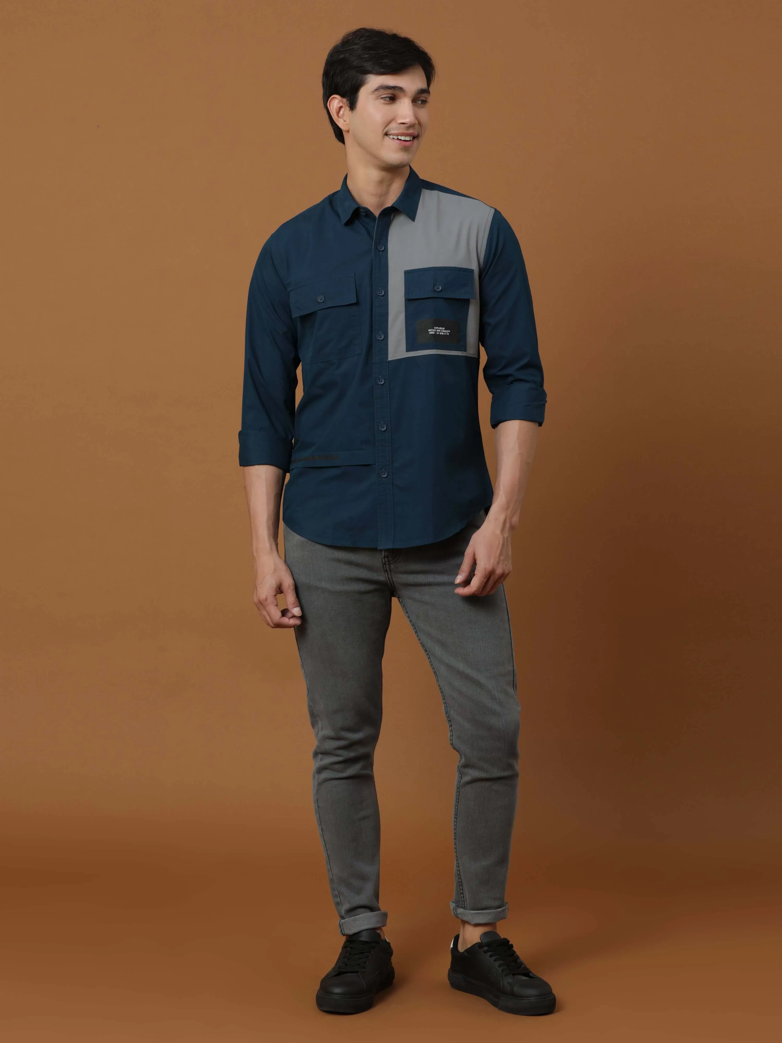 Teal Blue Contrast Patch Cargo Shirt