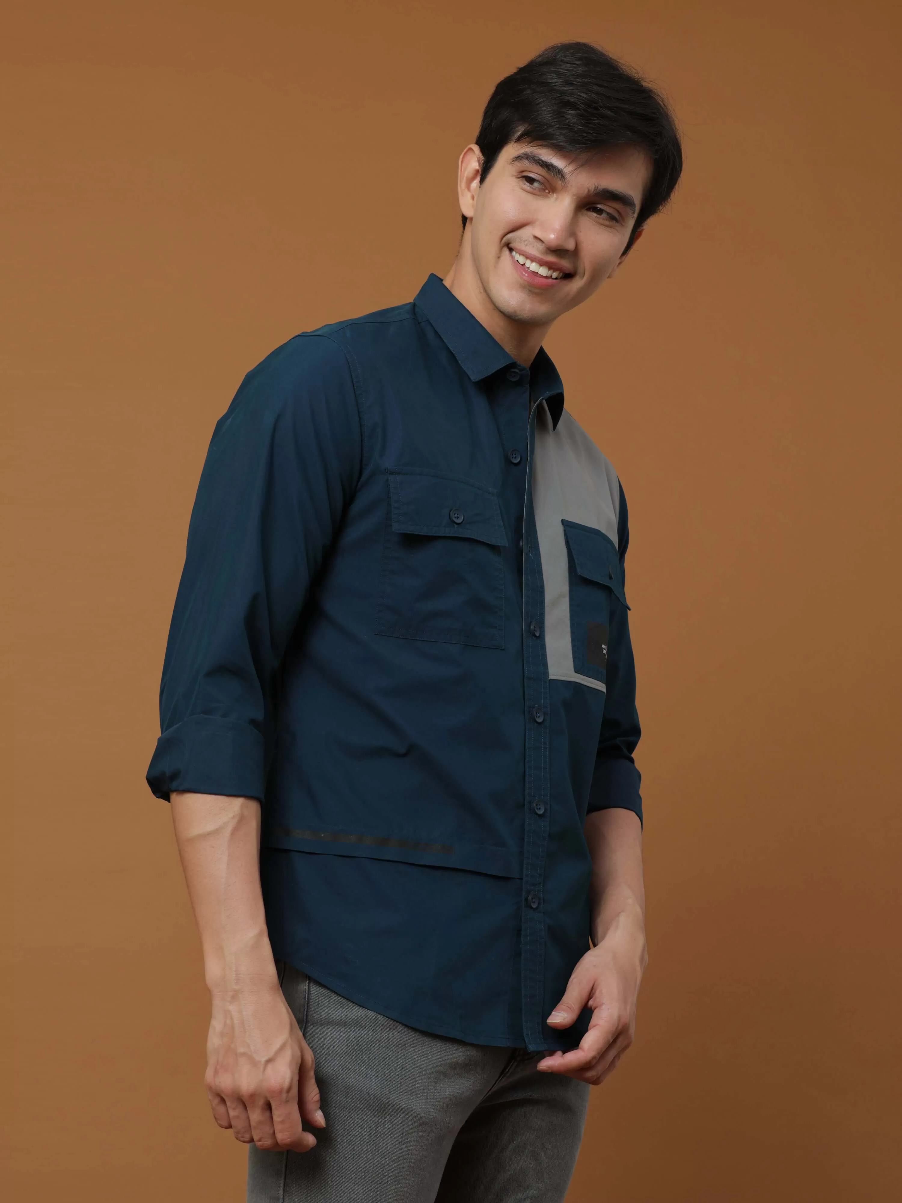 Teal Blue Contrast Patch Cargo Shirt