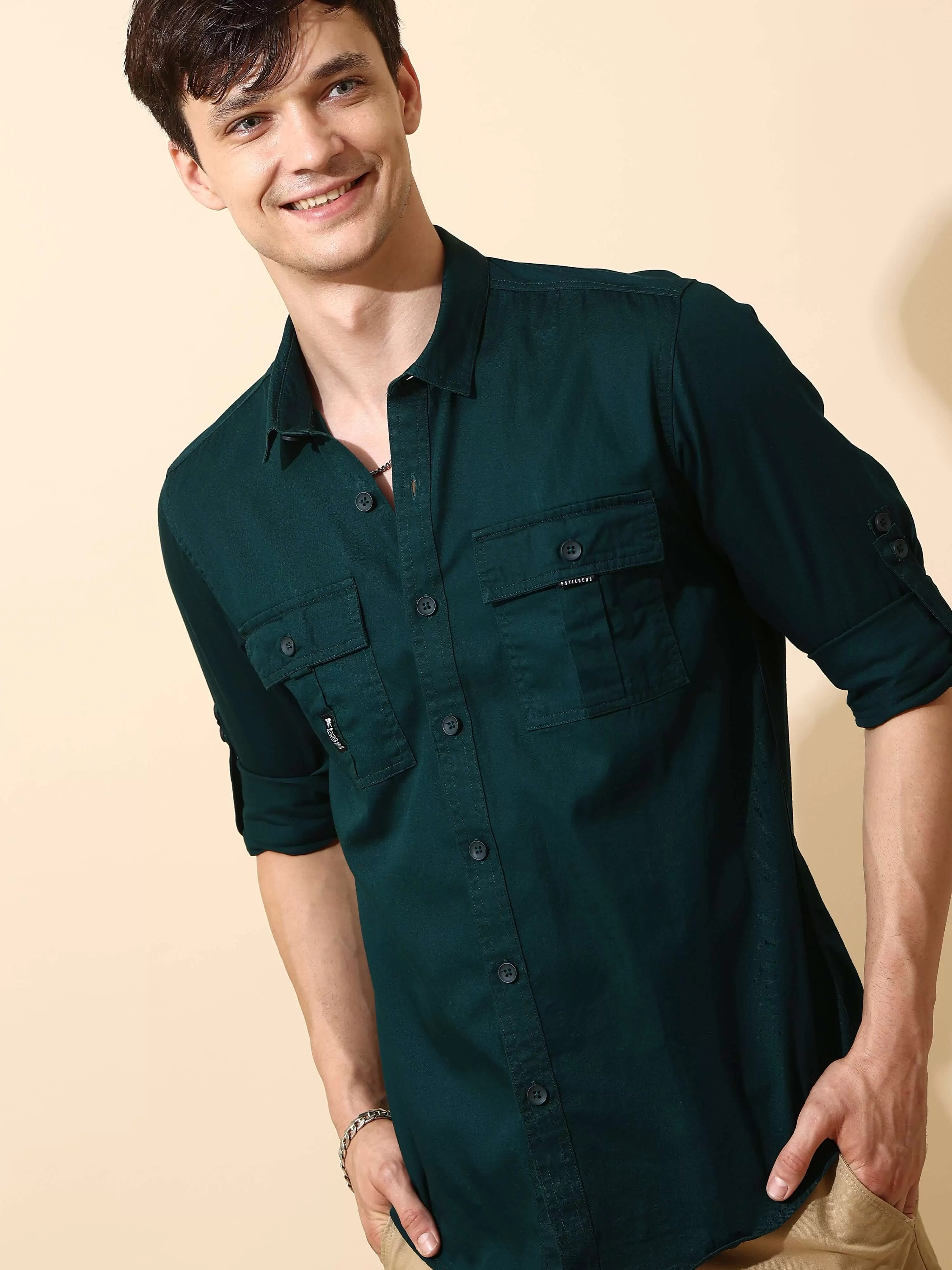 Teal green Cargo casual full sleeve shirt