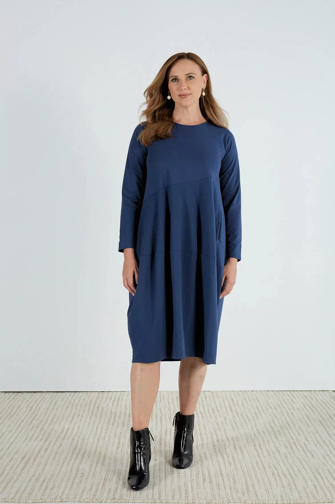 TIRELLI - Long Sleeve Diagonal Seam Dress - Navy