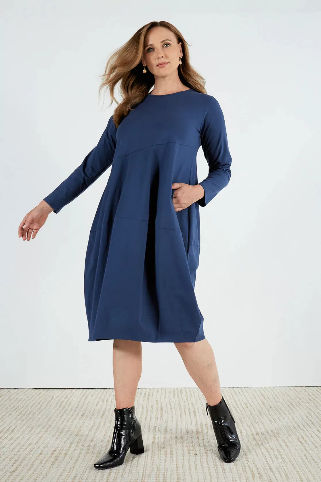 TIRELLI - Long Sleeve Diagonal Seam Dress - Navy