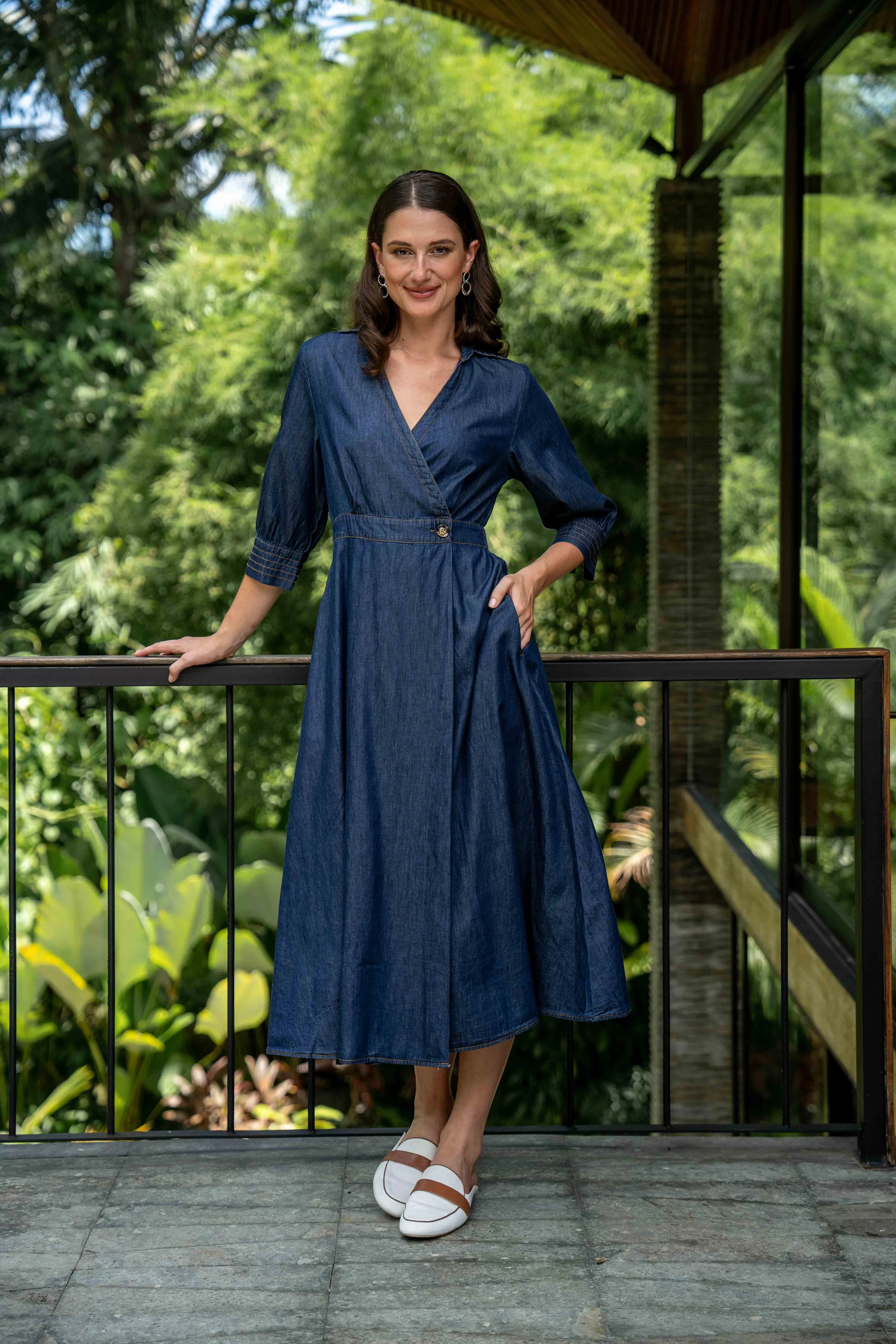 Wendy Chambray Wrap Dress in Dark Wash