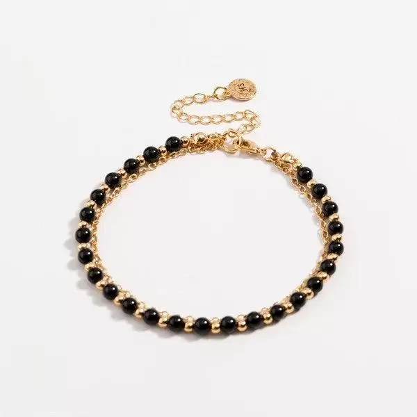 Women's Bracelet Black Beaded 18K Gold Plated