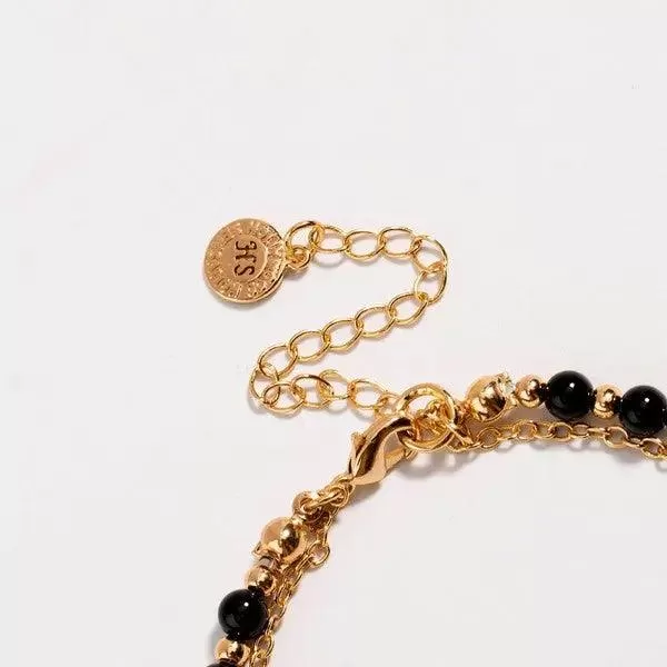 Women's Bracelet Black Beaded 18K Gold Plated