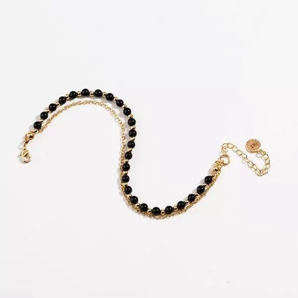 Women's Bracelet Black Beaded 18K Gold Plated