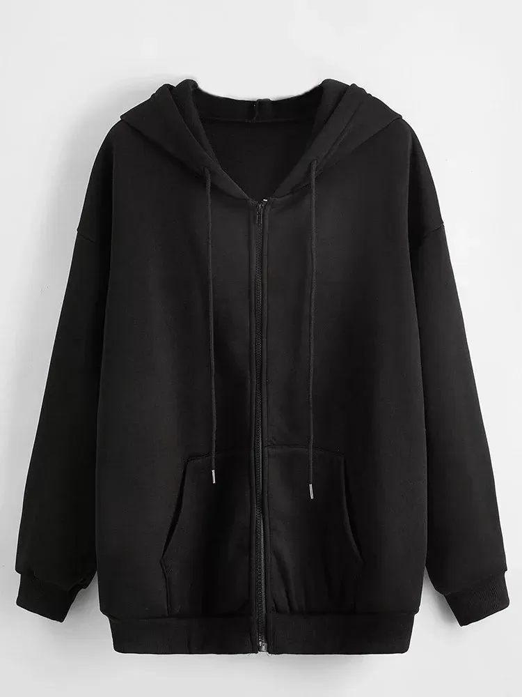 Women's Solid Zip-Up Hoodie with Drawstring and Shoulder Detail